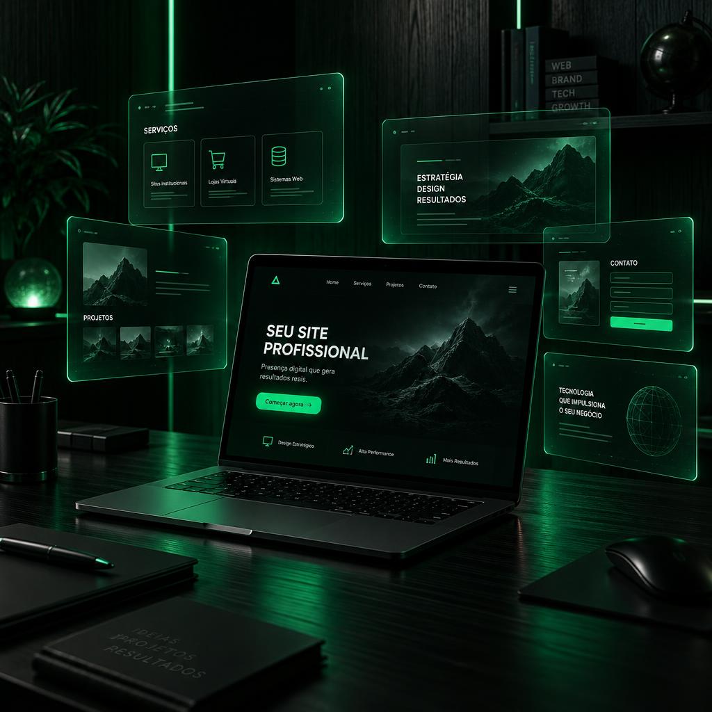 Notebook exibindo um site profissional com telas flutuantes em verde neon
